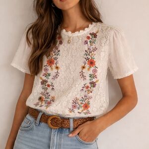Umgee White Lace Floral Embroidered Top, L, Boho, Festival, Cottagecore